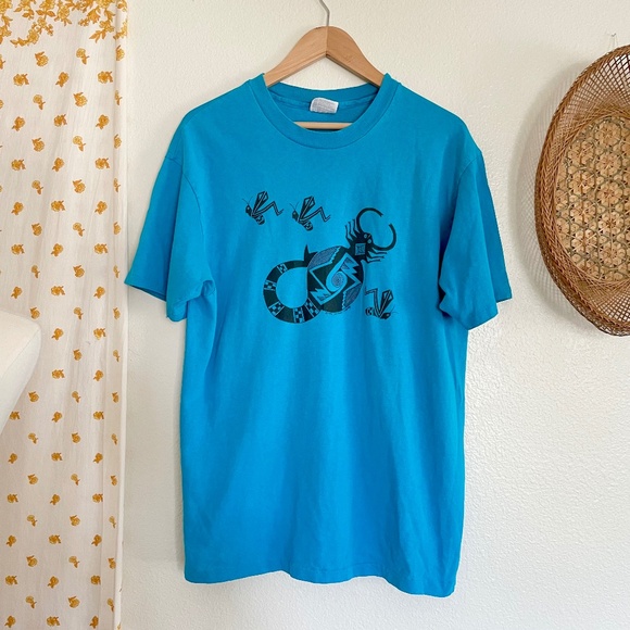 Vintage Southwest 80s Single Stitch Teal XL Hanes Beefy T USA Made Cotton Retro - Picture 1 of 5